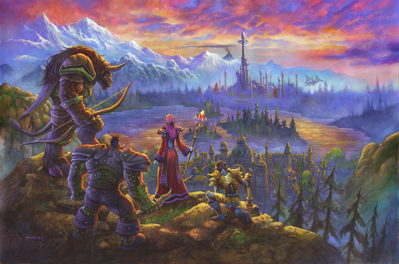 Horde adventurers looking out over a new Azeroth at sunset